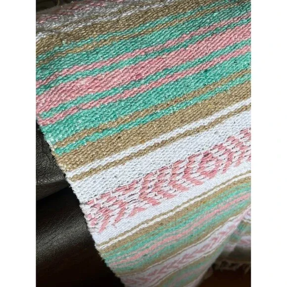 Authentic Mexican blanket pink, teal, white, 4 x 6 feet - Picture 2 of 4